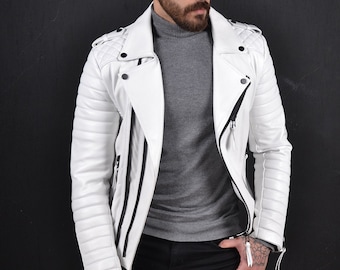 Handmade White Lamb Leather Biker Jacket: Quilted Seam Classic Style