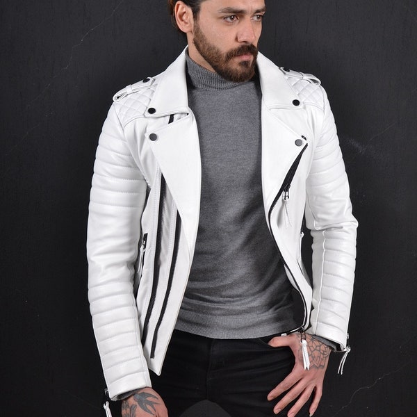 White Leather Jacket Etsy