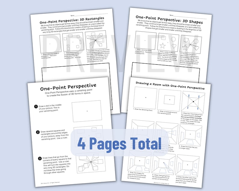 One Point Perspective Drawing Tutorial Printable Worksheets - Etsy
