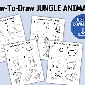 Op de afbeelding: Een printbaar werkblad met instructies over hoe je jungledieren kunt tekenen. Het werkblad bevat stapsgewijze instructies voor het tekenen van een vogel, een aap, een grote kat en een olifant. Het werkblad is zwart-wit en heeft een digitaal downloadpictogram.