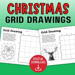 Op de afbeelding: Kerstmis rastertekenwerkbladen. De werkbladen bevatten een krans en een hert, met een raster om de afbeeldingen te kopiëren. De tekst "CHRISTMAS GRID DRAWINGS" staat bovenaan, met een "DIGITAL DOWNLOAD"-pictogram.