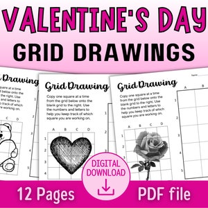 May include: A set of 12 printable Valentine's Day grid drawing worksheets. Each worksheet features a grid with a Valentine's Day themed image to copy. The images include a teddy bear holding a heart, a heart, and a rose.