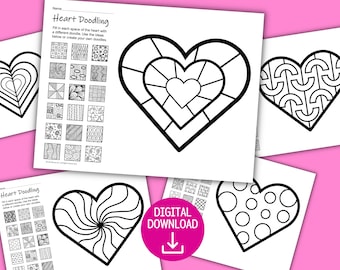 Heart Doodle Zentangle drawing - Patterns and Art Designs Worksheets for Valentine&#39;s Day