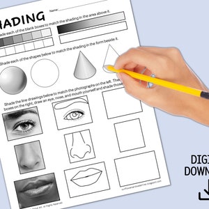 Shading Practice Handout for Portraits - Gradation Exercises with value scale and facial feature drawing