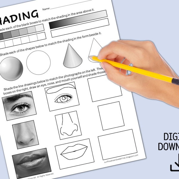 Shading Practice Handout for Portraits - Gradation Exercises with value scale and facial feature drawing