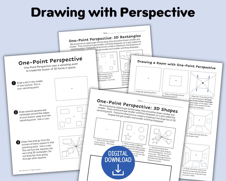 One Point Perspective Drawing Tutorial Printable Worksheets Etsy