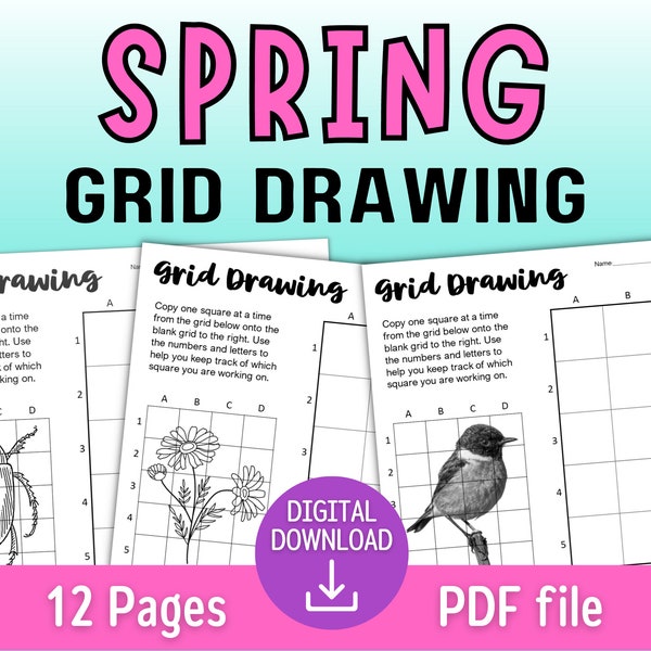 Spring Grid Drawing Worksheets - Flowers, Birds, Bugs Grid Method Art Activities