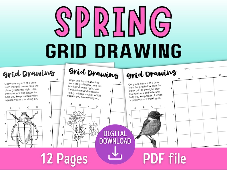 Spring Grid Drawing Worksheets - Flowers, Birds, Bugs Grid Method Art ...