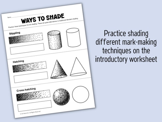 Ink Shading Drawing Worksheets to Practice Stippling, Hatching