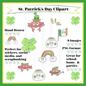 St. Patrick&#39;s Day Clipart, Rainbow, Leprechaun, Green, Shamrock, Four Leaf Clover, Pot of Gold, Hand Drawn, Irish Flag, Crab