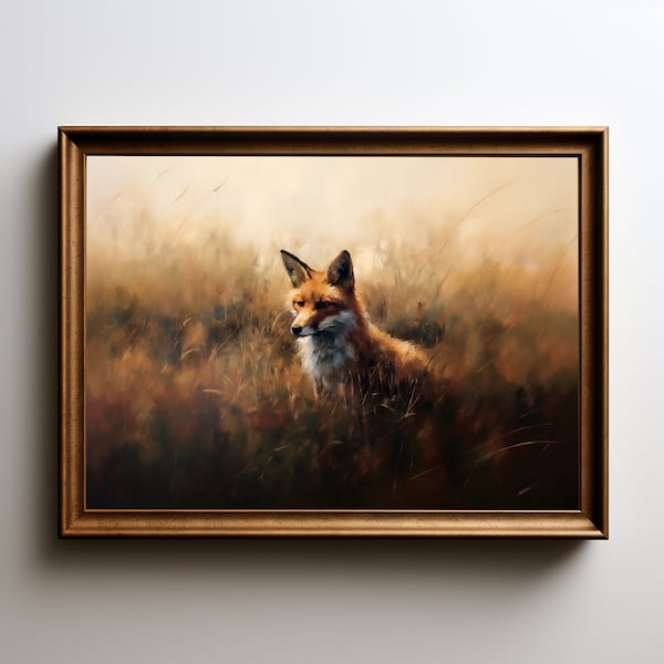 Renard sur le terrain | Peinture de renard | Peinture à l'huile | Art mural | Impression mate | 14x11, 24x18