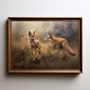 Two Foxes in the Field | Fox Painting | Oil Painting | Wall Art | Matte Print | 14x11, 24x18