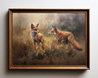 Two Foxes in the Field | Fox Painting | Oil Painting | Wall Art | Matte Print | 14x11, 24x18