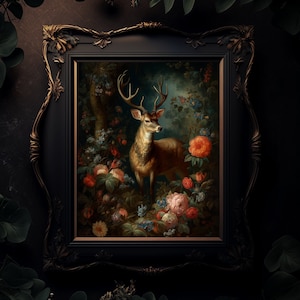 Deer in the Garden | Deer Painting | Oil Painting | Wall Art | Matte Print | 11x14, 18x24