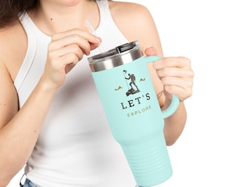 Taza de viaje isotérmica de 1,2 litros (40 oz) de acero inoxidable, doble pared, tapa con pajita y recubrimiento en polvo.