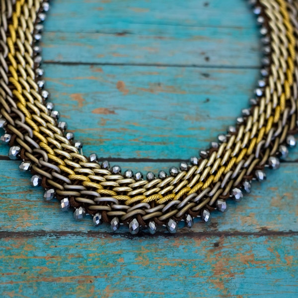 20 inch, Vintage Multi Tone Chain Link Clear Rhinestones Bib Necklace - P30