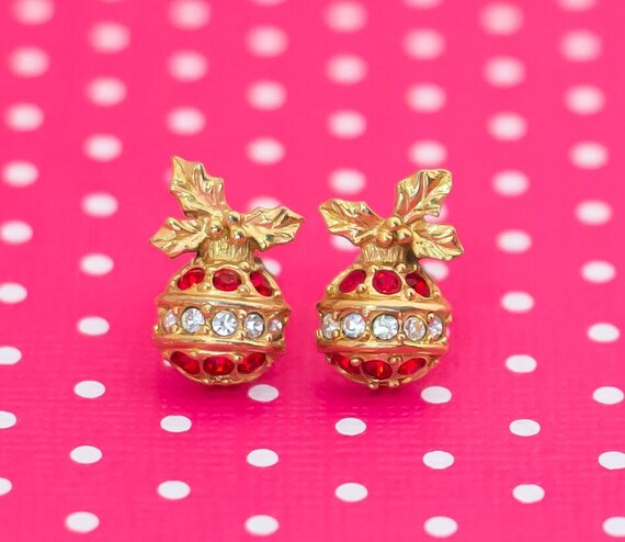 Vintage Christmas Ornament Rhinestone Stud Earrin… - image 1