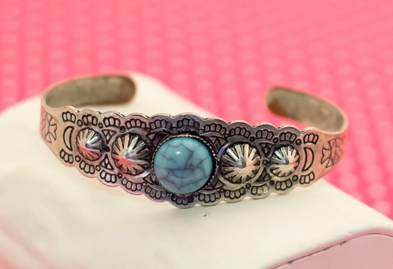 Vintage Blue Pearl Art Nouveau Cuff Bracelet 7 in… - image 2