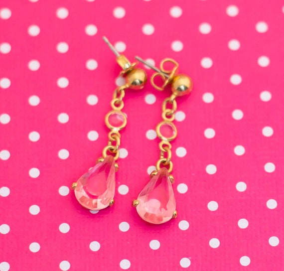 Vintage Pink Teardrop Gold Tone Dangle Earrings b… - image 1