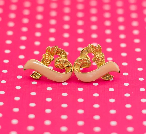 Vintage Heart Ribbon Gold Tone Rose Stud Earrings… - image 1