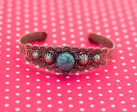 Vintage Blue Pearl Art Nouveau Cuff Bracelet 7 in… - image 1