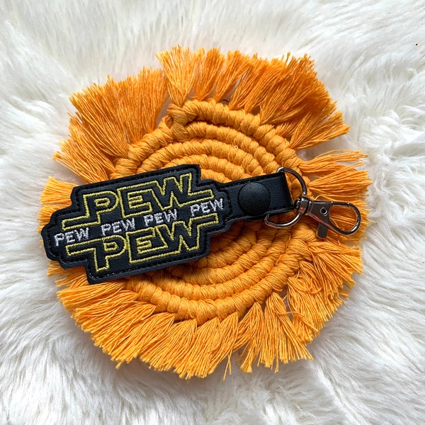 Pew pew keychain, gift for him her they girls boys, embroidered, pew gift, sci fi lover