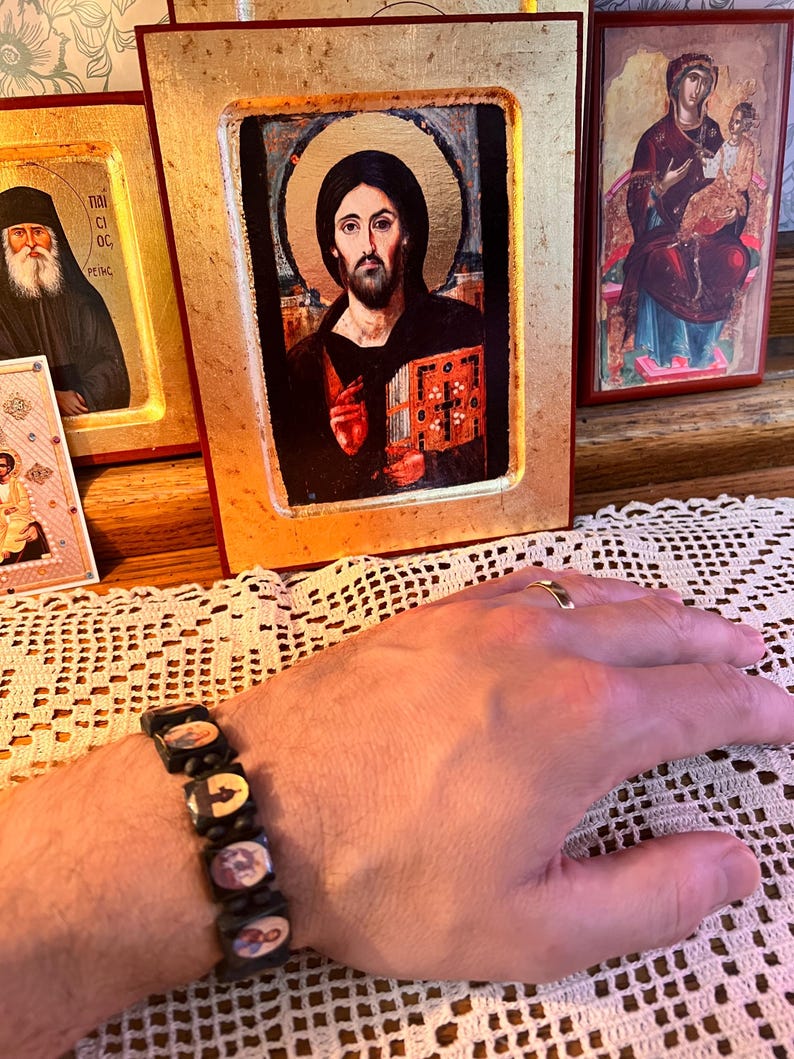 Orthodox Christian Prayer Bracelet: Jesus, Theotokos, St. Paisos Icons and St. Nektarios. image 2