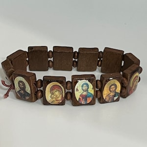 Orthodox Christian Bracelet with Icon Images of Jesus and His Mother The Holy Theotokos, Wood wrist bracelet.