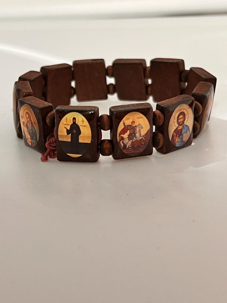 Orthodox Christian Prayer Bracelet: Jesus, Theotokos, St. Paisos Icons and St. Nektarios. option 2 brown