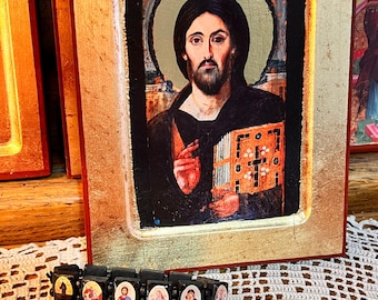 Orthodox Christian Prayer Bracelet: Jesus, Theotokos, St. Paisos Icons and St. Nektarios.