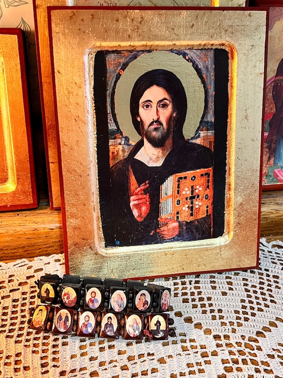 Orthodox Christian Prayer Bracelet: Jesus, Theotokos, St. Paisos Icons and St. Nektarios.