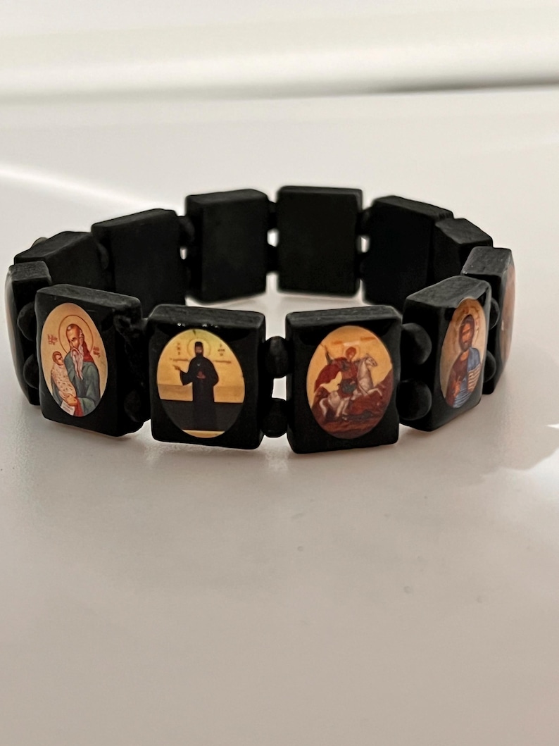 Orthodox Christian Prayer Bracelet: Jesus, Theotokos, St. Paisos Icons and St. Nektarios. option 3 black