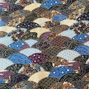 May include: A fabric with a repeating pattern of blue, gold, and purple waves. The waves are decorated with various floral and geometric designs.