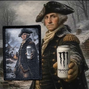 May include: A rectangular embroidered patch featuring a historical figure in a tricorn hat and military coat holding a white Monster Energy drink can, set against a snowy landscape with a campfire, matching the larger image behind it.