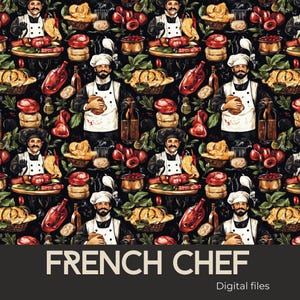 May include: A seamless pattern featuring a French chef in a white toque and apron, surrounded by various culinary ingredients, including red peppers, garlic, herbs, and a loaf of bread. The background is black, creating a striking contrast with the colourful elements.