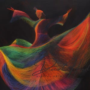 Puede incluir: Una pintura abstracta de una figura girando en una túnica fluida. La figura está delineada en negro y la túnica es una mezcla de rojo, naranja, amarillo, verde y azul.
