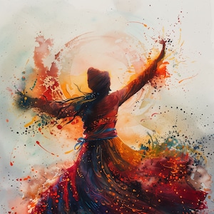 Puede incluir: Una pintura de acuarela de una persona con un vestido colorido, con los brazos extendidos, bailando en un remolino de pintura roja, naranja y amarilla.