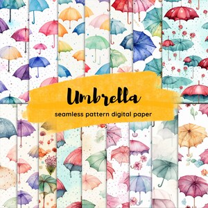 May include: A collection of watercolor seamless digital papers featuring colorful umbrellas. The umbrellas are in various colors, including blue, pink, yellow, and green, with a white background. The text "Umbrella seamless pattern digital paper" is visible.