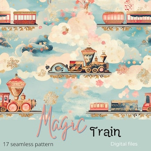 May include: A digital illustration of a whimsical train traveling through the clouds. The train is decorated with gold accents and has a pink and blue color scheme. The background is a light blue sky with white clouds and pink flowers. The text "Magic Train" is written in pink and white letters at the bottom of the image.