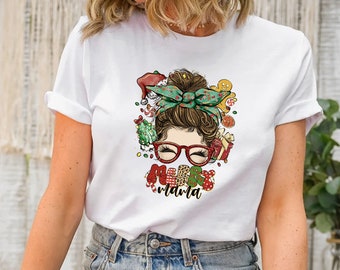 Merry Mama Messy Bun Christmas Shirt, Christmas Gift For Mom, Christmas Shirt For Mom, Mommy Shirt, Christmas T Shirt, Cute Christmas Tee