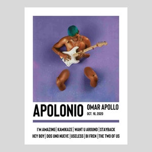 Pode incluir: Um cartaz do álbum "APOLONIO" de Omar Apollo. A imagem mostra uma pessoa com cabelo azul tocando uma guitarra elétrica branca em um fundo roxo. O título do álbum e a lista de faixas são exibidos abaixo.