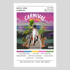 May include: Album cover art for the album "Carnival" by Bryce Vine. The cover features a pink and purple sky with a white airplane in the background. A man in a white shirt and black pants is walking up a staircase. A tiger is sitting on the ground in front of the staircase. The album title is written in white letters on a pink background.