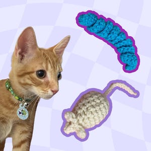 May include: A ginger kitten with a green collar and a fish-shaped tag looks at a white crocheted mouse toy and a blue crocheted worm toy.