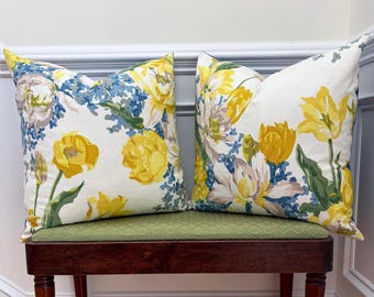 Brunschwig and Fils Tulip Pillow Cover PAIR 20x20, Yellow Blue Chintz, High End Thibaut Prisma Backing, Grandmillennial, Rare Vintage Fabric