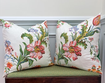 Brunschwig & Fils Pillow Cover Set // Pair of 19" Vintage Maintenon Hand Print // Thibaut Kelly Green Back