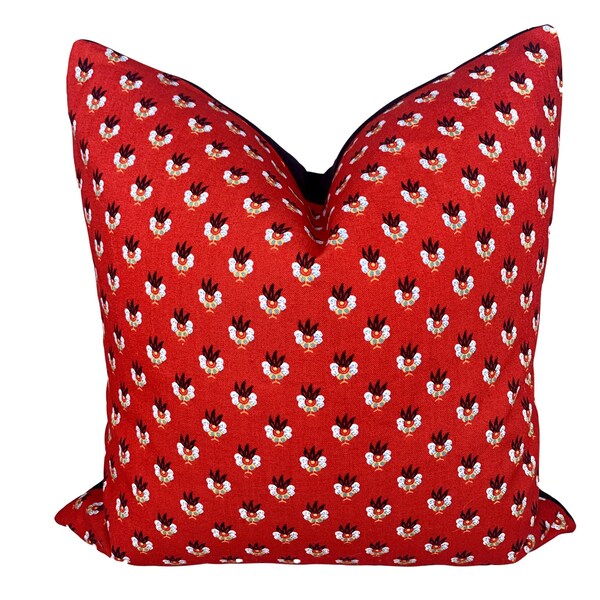 Schumacher Fantasque Designer Pillow Cover//Mulhouse Collection//Black Velvet Thibaut Back//16” x 16”//red pillow