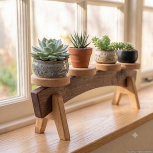 Modern Succulent Plant Stand | Walnut & White Oak Multi Pot Display, Windowsill Planter Rack