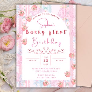 Beere Erster Geburtstagseinladung, Erdbeere Digitale Einladung, niedliche druckbare Vorlage, Obst Thema Party Angebot, Beere süße eine Postkarte