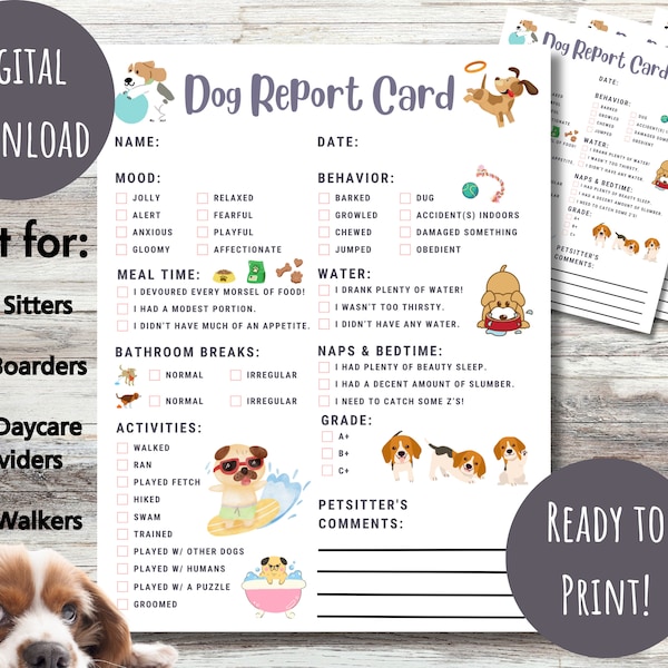 Dog Report Card Template, Instant Download Puppy Report Card, Dog Walking Report Form, Pet Boarding, Doggie Daycare, Pet Sitter Rover Wag!