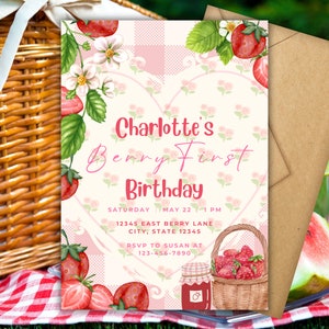 Beere Erster Geburtstagseinladung, Erdbeere Digitale Einladung, niedliche druckbare Vorlage, Obst Thema Party Angebot, Beere süße eine Postkarte